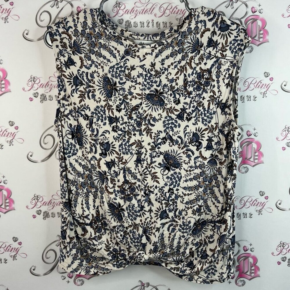Reitmans tank top twist monkeys floral flowers Navy and Cream Floral Blouse